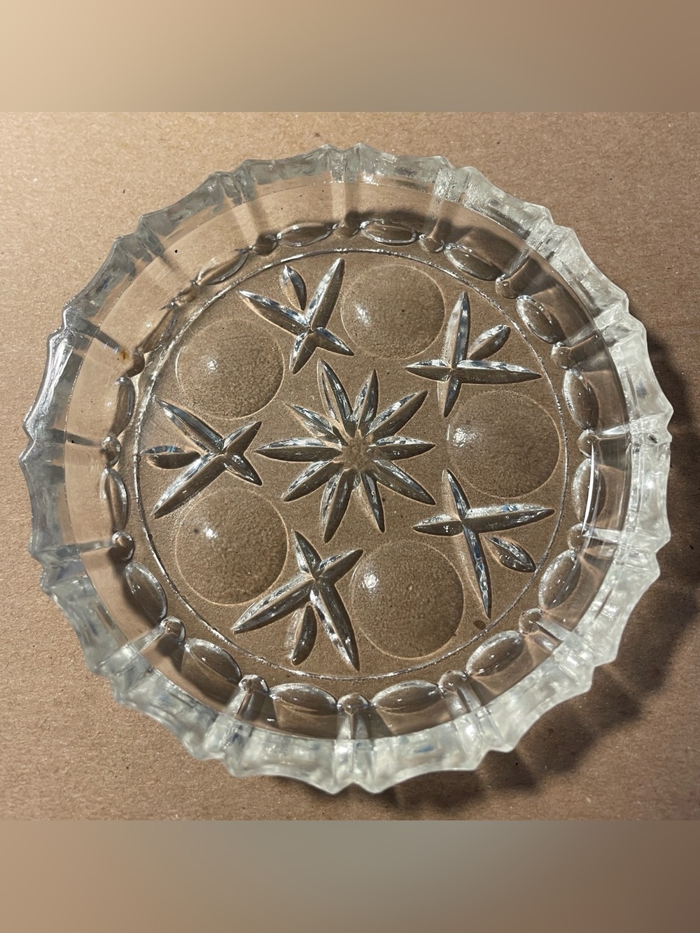 Vintage Clear Pressglass Thumbprint and Starburst Dish 3.5" round